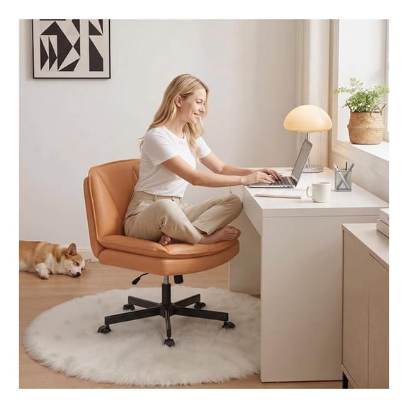 Criss Cross Chair with Wheels,Cross Legged Office Chair with 2 Layer Comfty Leather & Back,Armless Wide Vanity Chair for Home Office,Orange