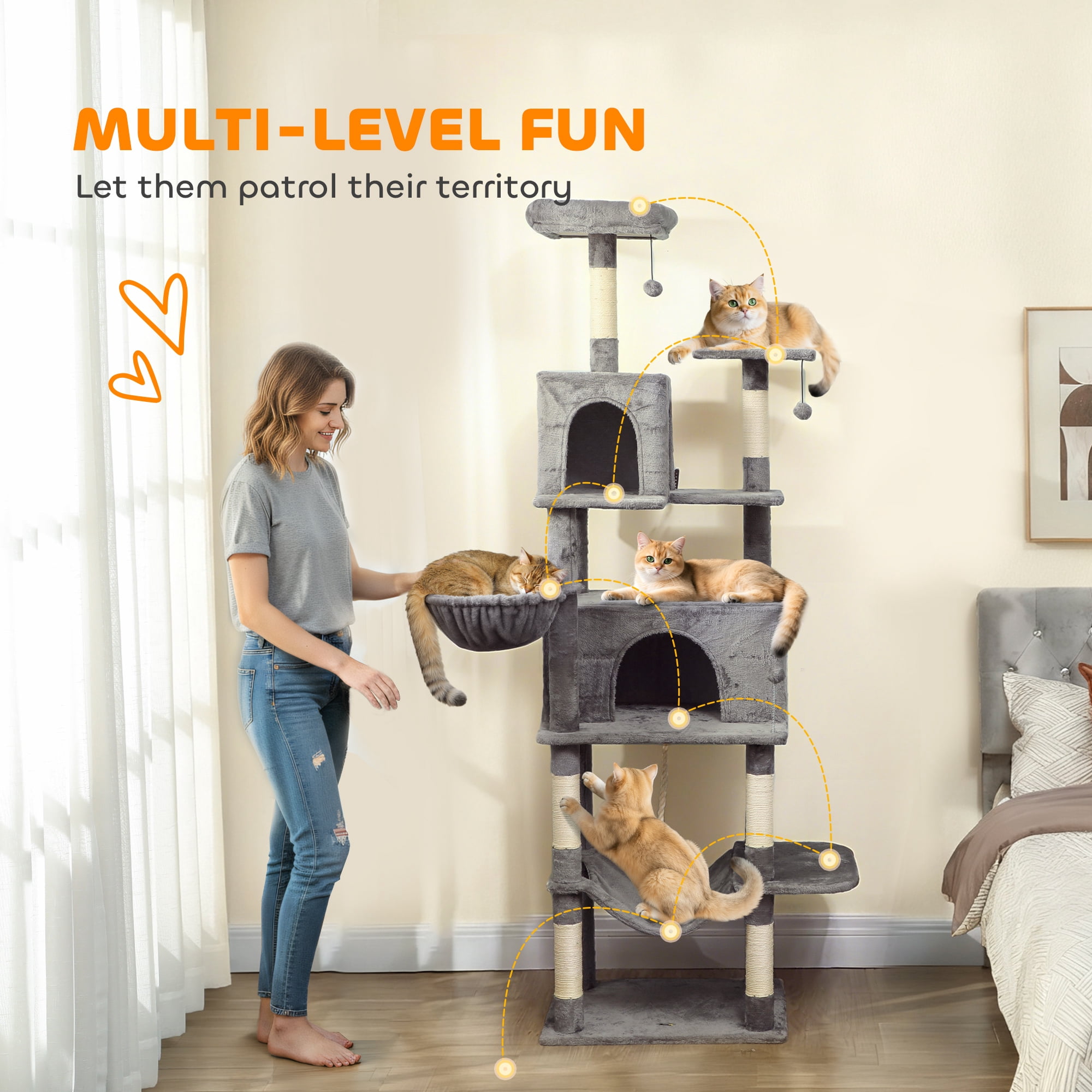 PawHut Large Cat Tower with 2 Condos, 80" Multi-Level Cat Tree with Hammock and Sisal Scratching Posts for Multiple Indoor Cats, Dark Gray