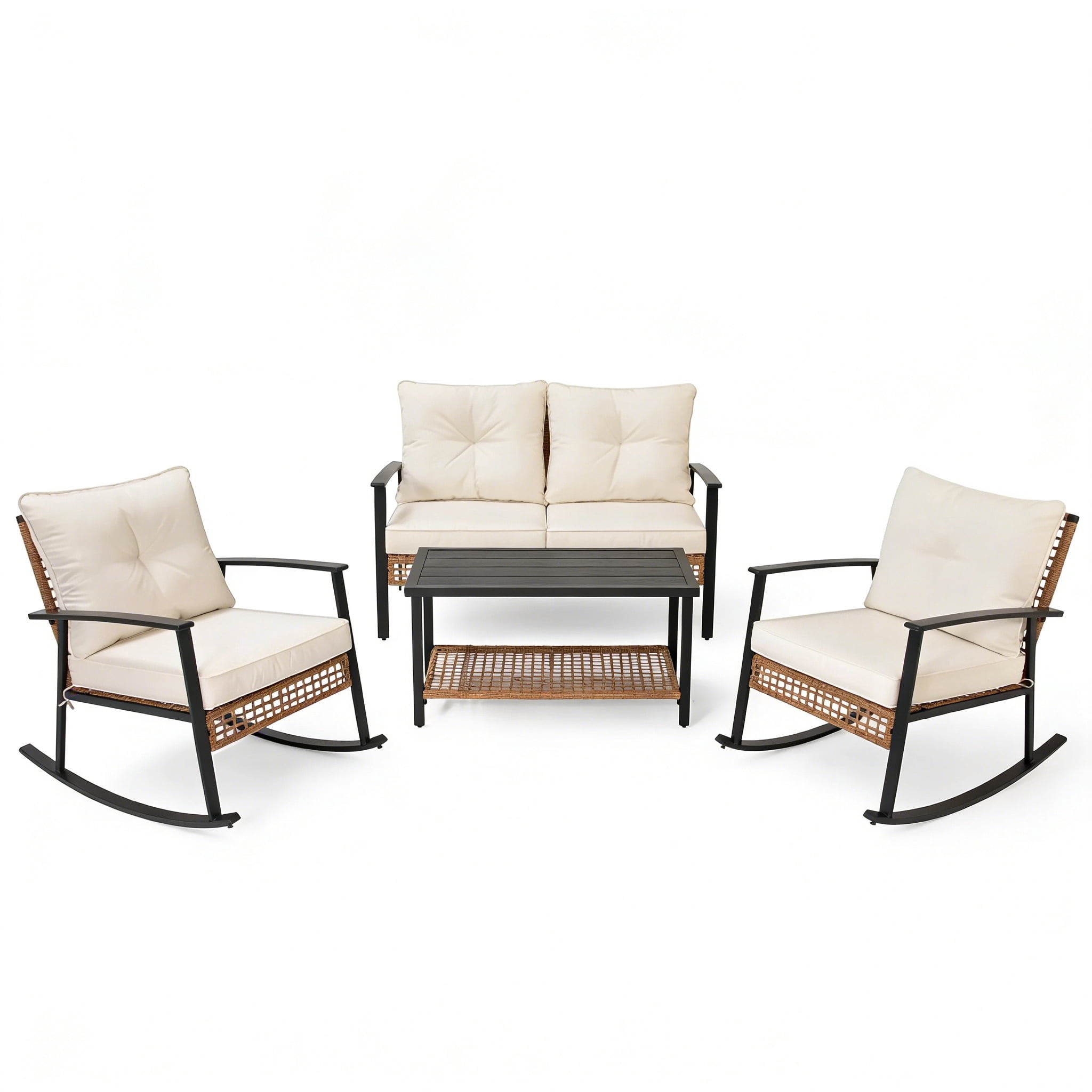 LAUSAINT HOME 4-Piece Patio Conversation Set  with Rocking Chairs and Storage Coffee Table for Backyard, Porch, Garden and Poolside