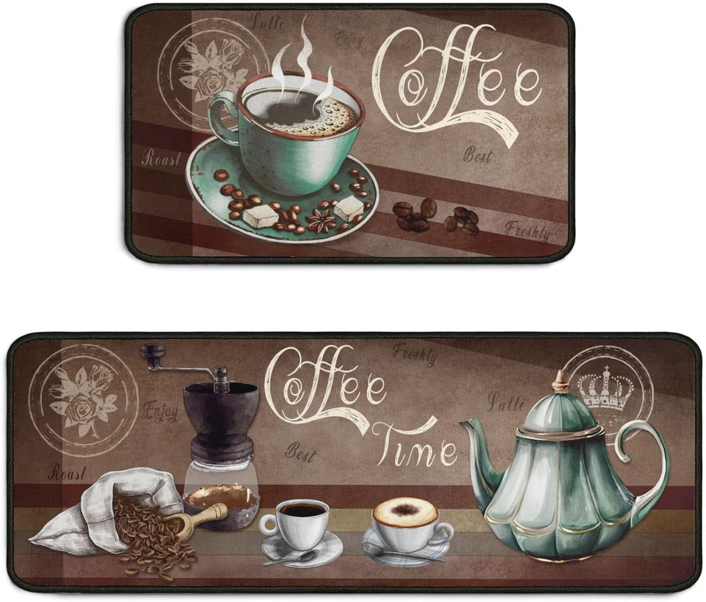 2 Piece Coffee Kitchen Decor Rug Set, Home Kitchen Sink Rugs and Mats