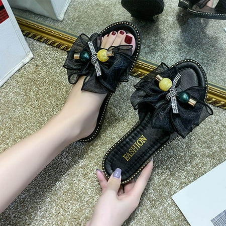 

Aayomet Slippers for Women Indoor And Outdoor Fashion Spring And Summer Women Slippers Bow Lace Rhinestone Flat Bottom Beach Black 7.5