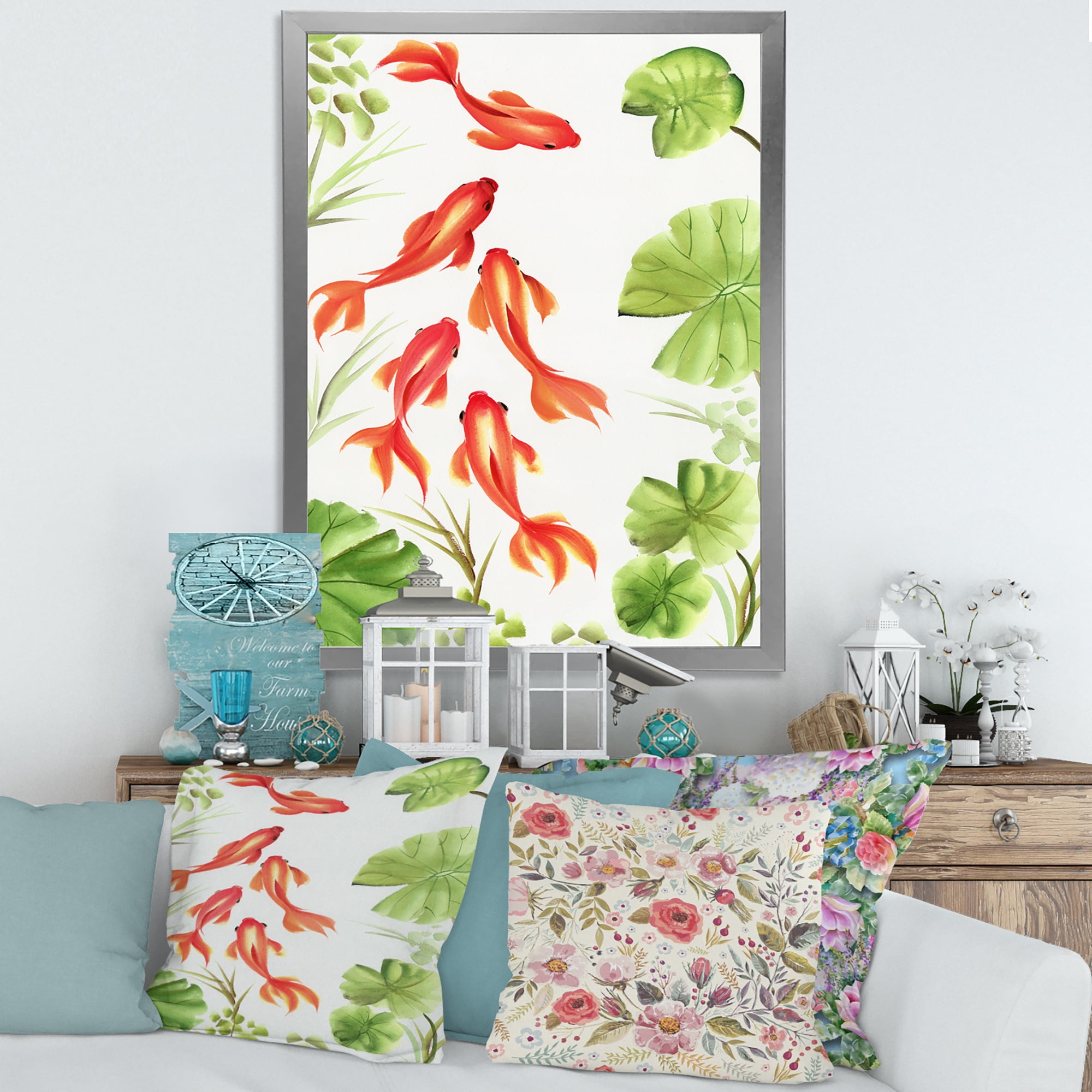 Designart 'Ancient Goldfishes Among The Lotus Leaves' Nautical & Coastal Framed Art Print