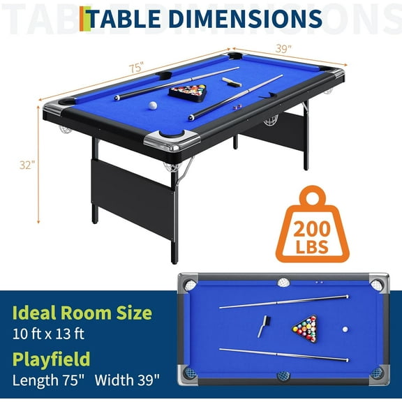 Acekid 7 ft Pool Table for Adults Portable Billiard Table with Steel Frame No Assembly Required Includes Balls Cues Chalks Brush Blue