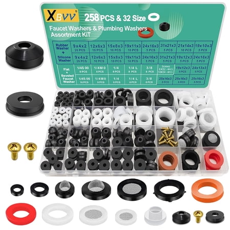 32 Size 258 PC Faucet and Plumbing Rubber Washers Assortment Kit for Assorted Garden Hose Valve Spigot Adapter Splitter Outdoor Faucet Bibb Shower Hose Gasket Repair