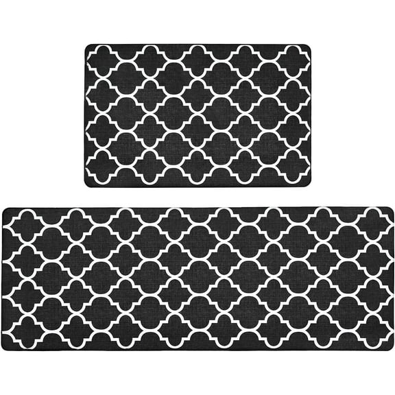 Set of 2, Anti Fatigue Mats for Kitchen Floor, Waterproof Cushioned Rug, Non Slip Washable Memory Foam Mat for Standing, Sink, Stove, Black Trellis, 17.3"x27.6" 17.3"x47.2"