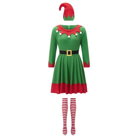 Diconna Women Christmas Elf Costumes Dresses with Belt Striped Stockings and Hats Set for Cosplay Role-Playing Party Outfits