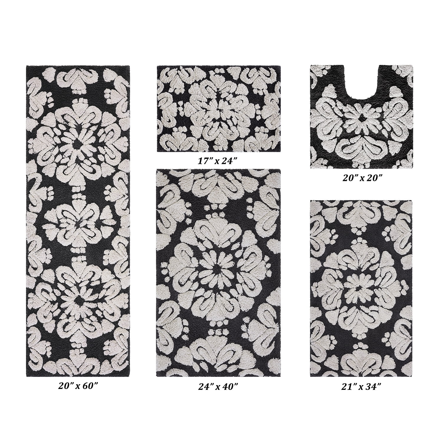 Better Trends 5 Piece Bathroom Rug Set 100% Cotton Extra Soft Tufted Bath Rug Water Absorbent Non-Slip Bath Mat Machine Washable (Charcol) Medallion Collection