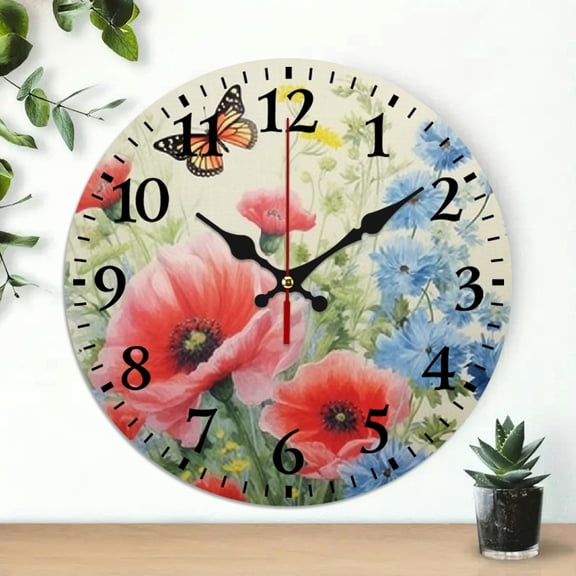 Pratyus Flowers Butterfly Painting Round Wooden Wall Clock for Home Decor, Battery Operated - Perfect for Living Rooms, Kitchens, Dorms 10x10in