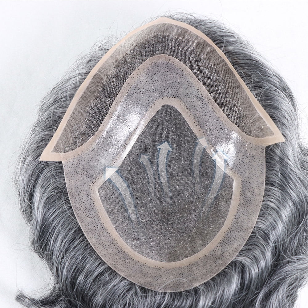 Hair Replacement System for Men Fine Mono with Poly PU Men's Toupee Wigs Human Hair 50% 1B OFF Black with 50% Synthetic Grey White Hair Toupee 10x8 Inch