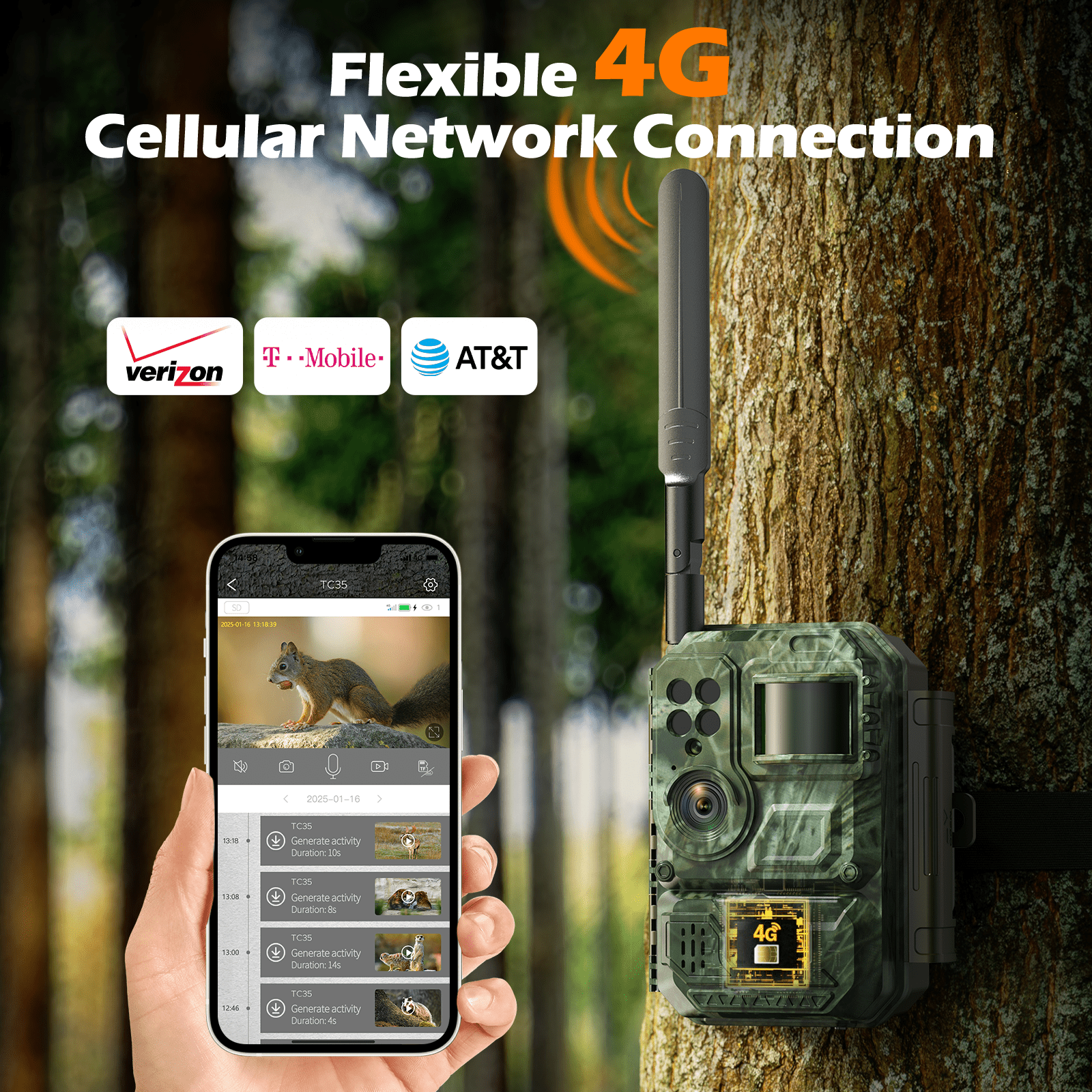 CAMPARK Cellular Trail Camera, Solar Powered Game Camera Built-in 4G LTE SIM Card, No WiFi Required, 1080P Live Video, Blacklight Night Vision, IP66 Waterproof Hunting Camera, 0.1S Motion Activated