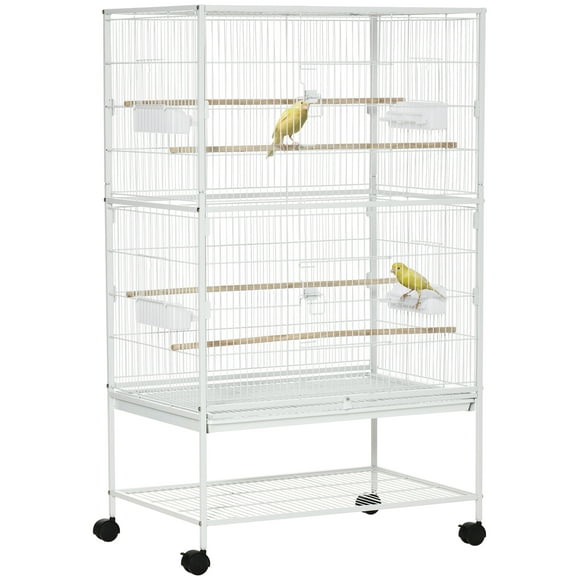 PawHut Bird Cage with Stand, Budgie Cage with Wheels Storage, White