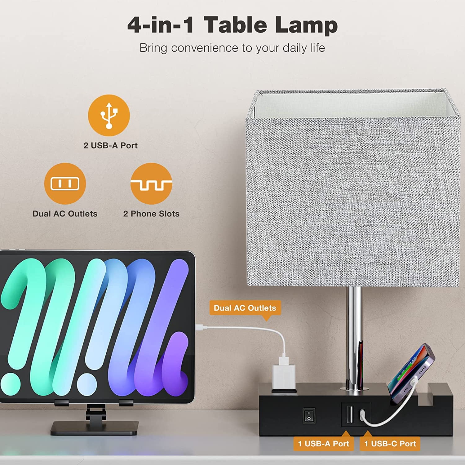 Bedside Table Lamp for Bedroom, Brochao Nightstand Lamp with AC Outlet Port, 2 USB Charging Ports & 2 Phone Stands, 3 Way Dimmable Touch Lamp for Living Room, Dorm, Office