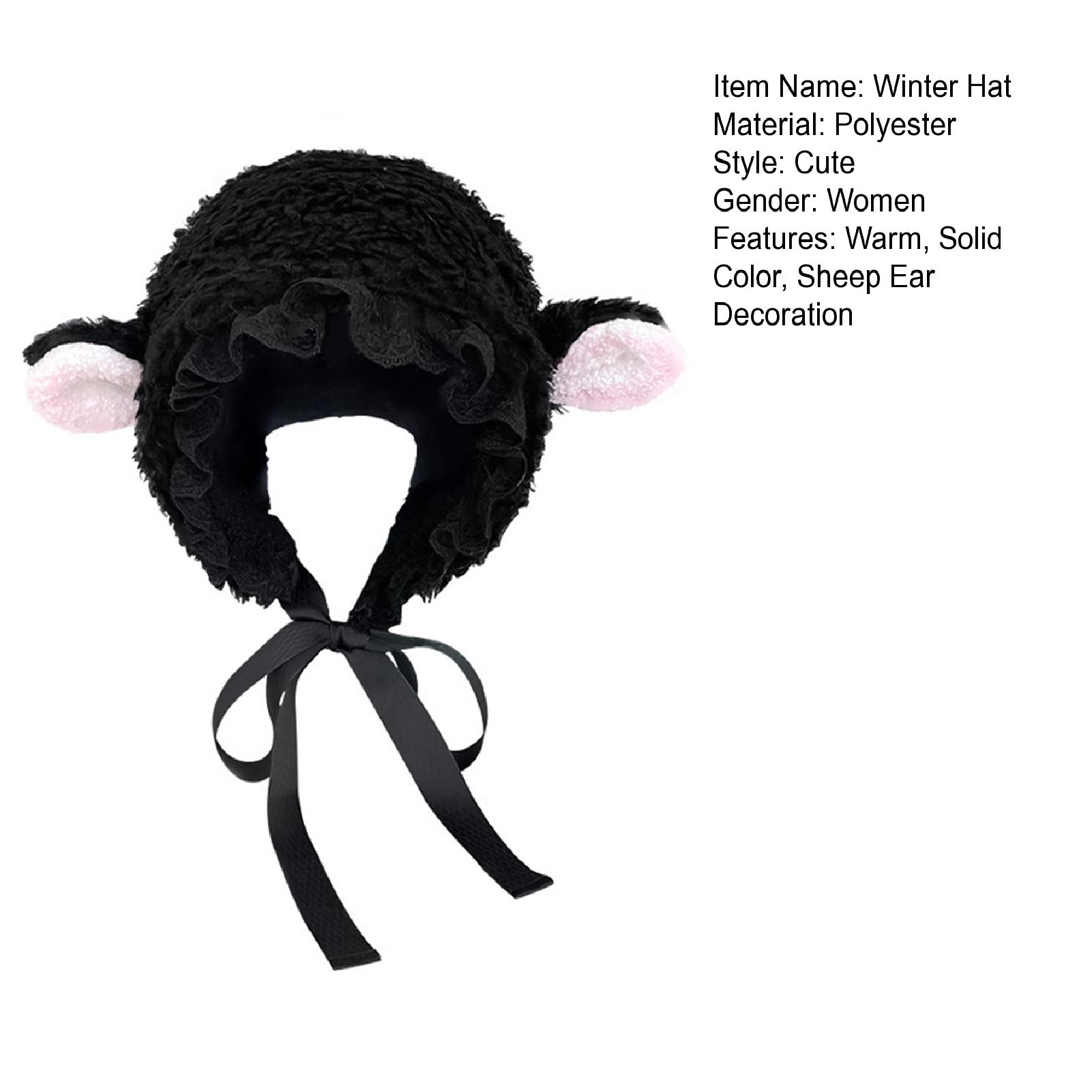 rygai Ladies Hat Photo Prop Sheep Ear Decor Solid Color Fluffy Thick Keep Warm Windproof Adjustable Winter Hat for Students,White