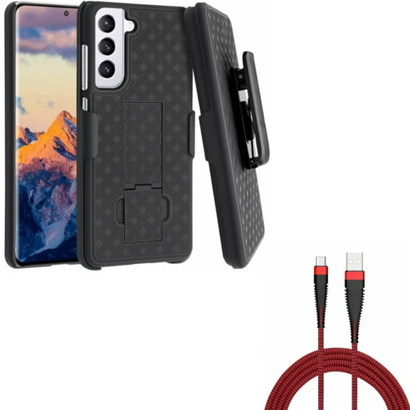 10ft USB-C Cable w Case Belt Clip for Samsung Galaxy S21 FE 5G - Type-C Charger Cord Power, Holster Swivel Cover