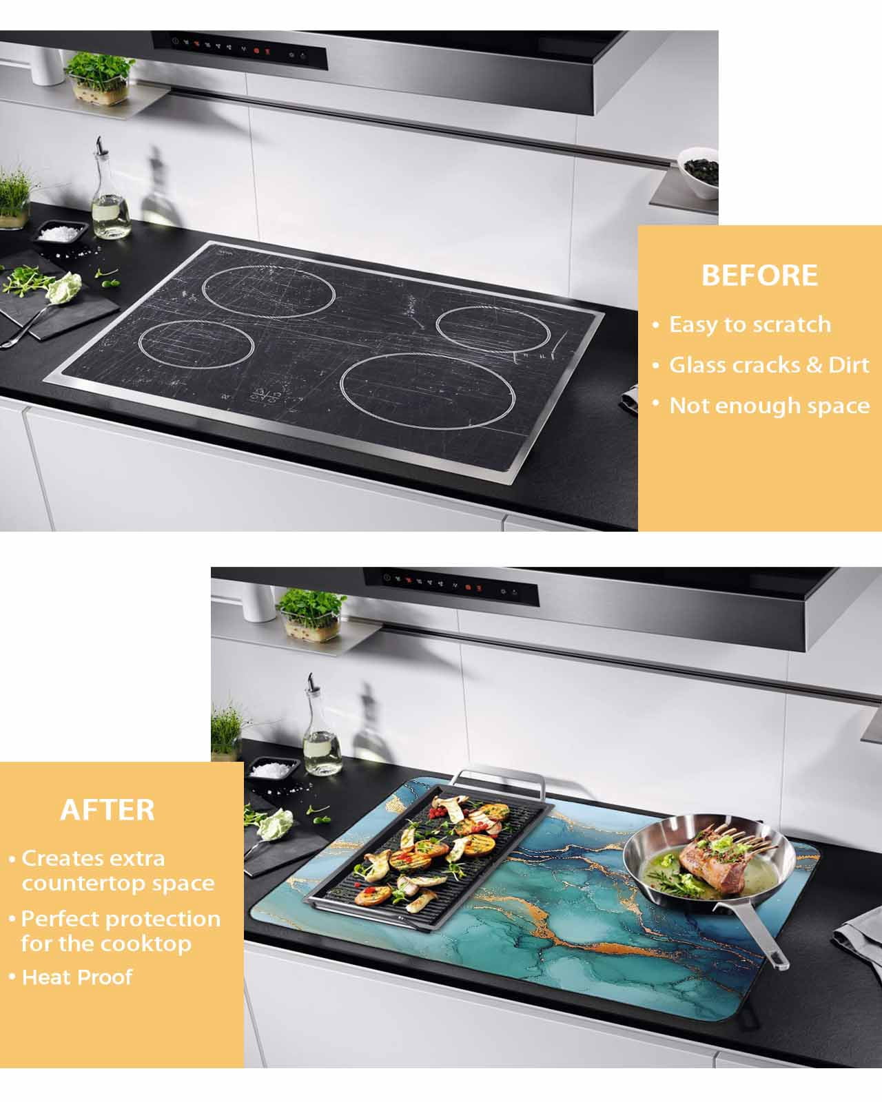 nqOlkjepod Large Induction Cooktop Protector Mat 36"x21", Turquoise Blue Stove Top Covers for Electric Stove, Modern Teal Gold Marble Textured Stove Burner Cover Mats, Glass Top Stove Cover