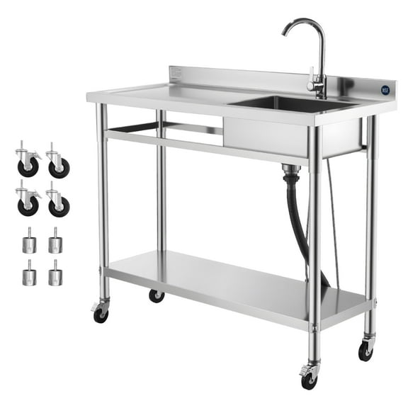 KFFKFF Stainless Steel Utility Sink with Wheels, Mobile Single Bowl Sink for Commercial Kitchens, Includes Faucet and Hot & Cold Water Pipes, Multipurpose Workstation for Garage, Restaurant