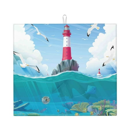 

Vsdgher Lighthouse Sea Port Print Dish Drying Mat Kitchen Counter Mat Dish Drying Pad for Dishes Utensils Pots and Pans 16 x 18