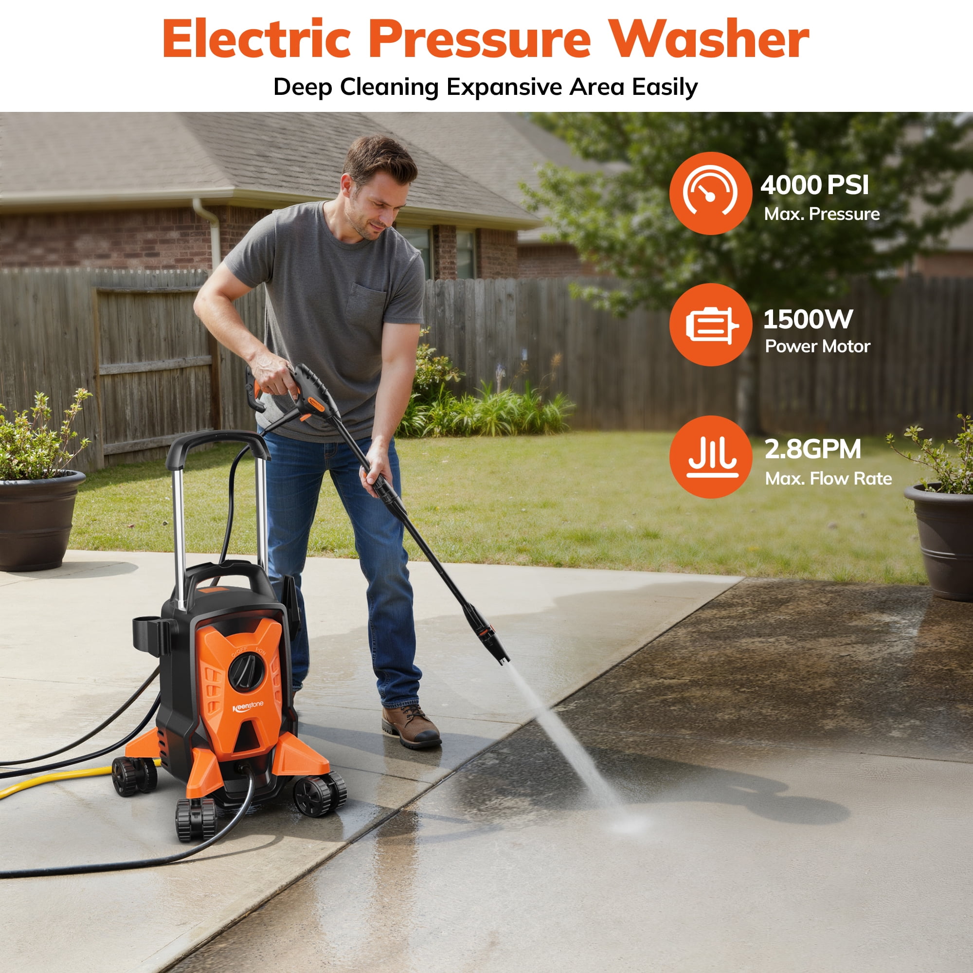 TCISA Electric 4000 PSI Pressure Washer,Max 2.8 GPM Power Washer with 35FT Cord,20FT Hose,Adjustable Nozzle 0-120°,Foam Cannon for Patios Cars Fences Driveways Orange