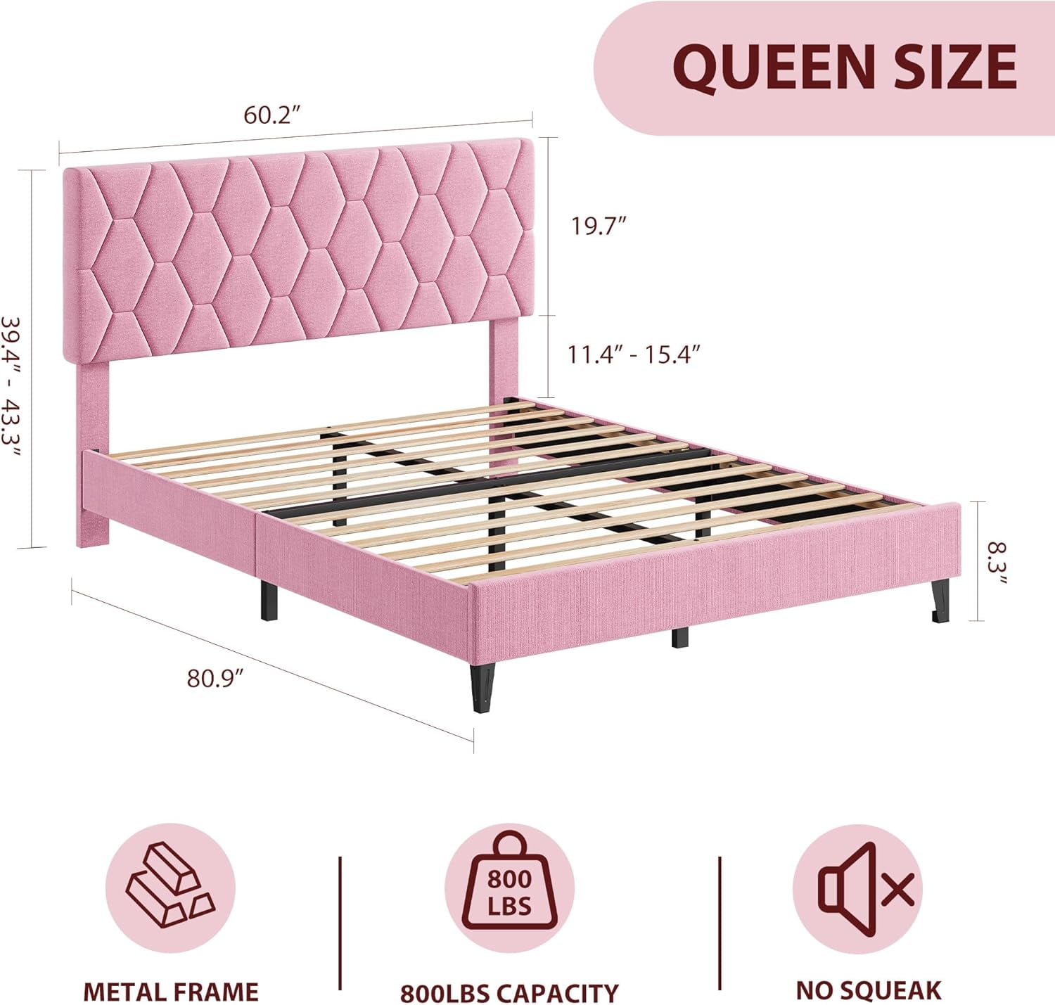 ChaoLink Queen Bed Frame with Upholstered Headboard, Wood Slat Platform, No Box Spring Needed, Noise-Free, Easy Assembly, Pink