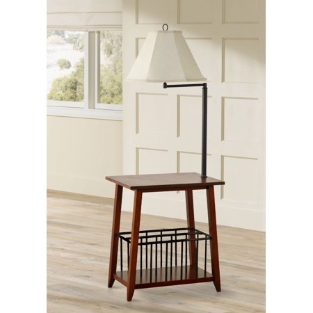 - Regency Hill Mission Floor Lamp End Table Swing Arm Oak Wood Bronze Off White Linen Shade for Living Room Reading Bedroom Office
