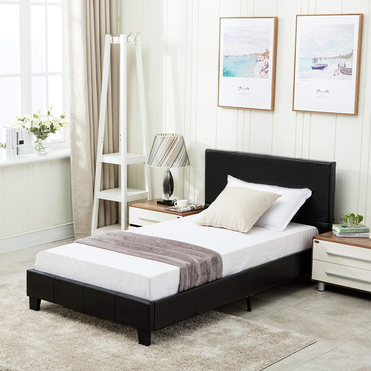 Full Size Leather Bed Frame Wood Slats w/Headboard Platform Bedroom Furniture