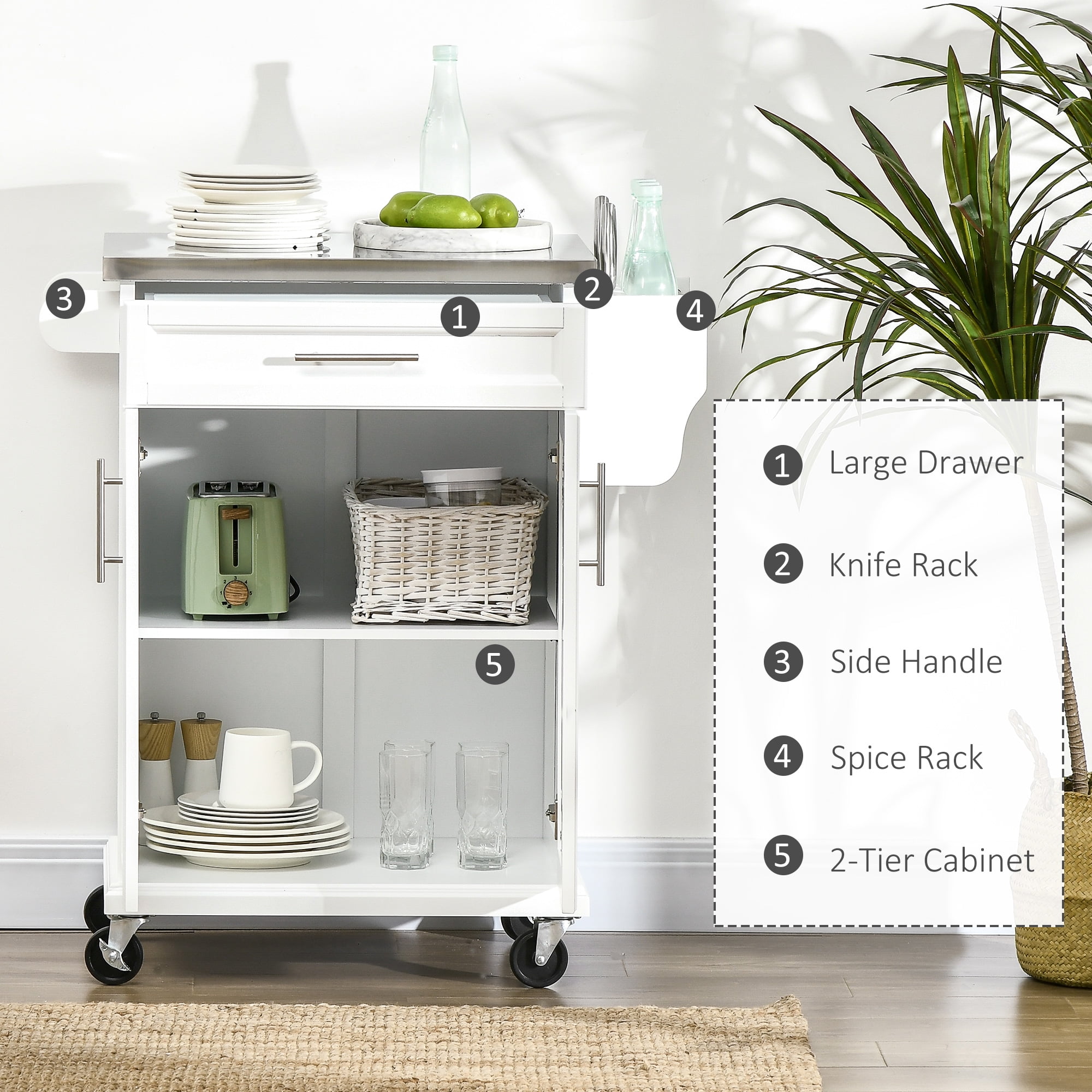 HOMCOM Rolling Kitchen Islands with Drawers, Pine Wood White, 32.75 in
