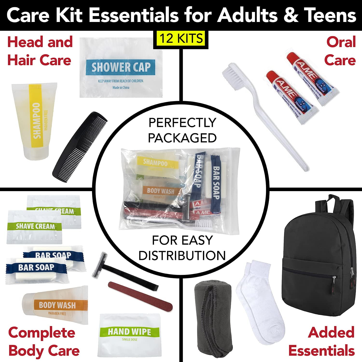 Homeless Care Package Supplies Bulk 18 Piece Care Kit for Homeless Survival Kit, 12 Packs