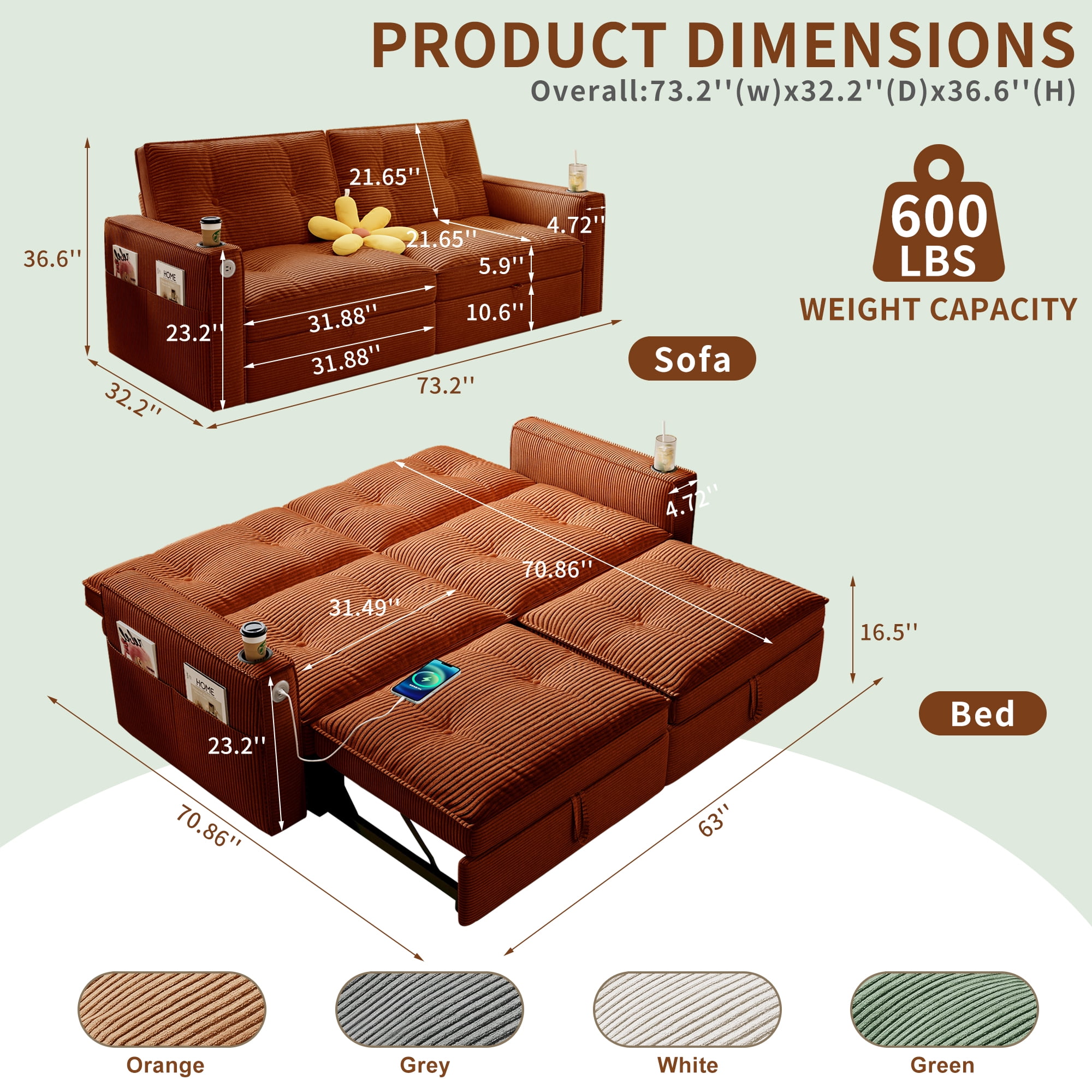 LLappuil 73" Pull Out Sofa Bed Queen Size, Loveseat Sofa Convertible Sleeper Sofa Bed, Corduroy Sofa Couch for Living Room Orange