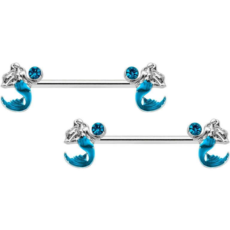 Body Candy 14G Womens Nipplerings Piercing Stainless Steel 2Pc Blue Mermaid Nipple Ring Set 9 16