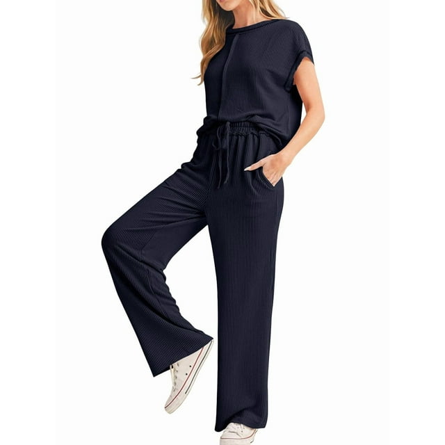 Conjunto Informal de Dos Piezas de Punto Acanalado para Mujer, Camiseta de Corta y Pantalón , Ideal para el Hogar y para Viajes Azul Oscuro L