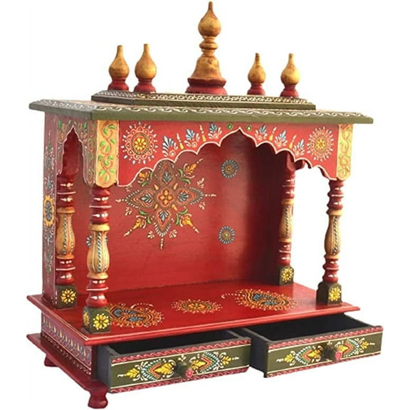 Wooden Temple Religious Home Temple, Pooja Mandir Indian Hindu Decoration Puja Cabinet Temple Bhagwan Wall Hanging Decor For Home Office Decor By KAMDHENU ART AND CRAFT. (Red & Green)