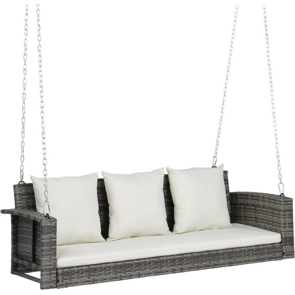 Ktaxon Heavy Duty 800 LBS Wicker Hanging Porch Swing with Cushions & Chains, 5FT Outdoor Rattan Swing Bench for Garden, Yard, Lawn (Black)