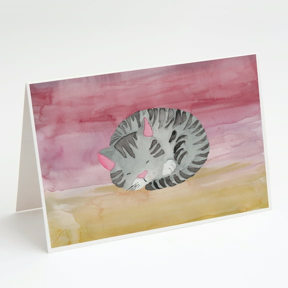 Sleeping Grey Cat Watercolor Greeting Cards and Envelopes Pack of 8