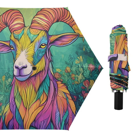 Colorful Goat in Forest Compact Sun Umbrella Windproof Travel Umbrellas for Rain Strong Portable UV Protection