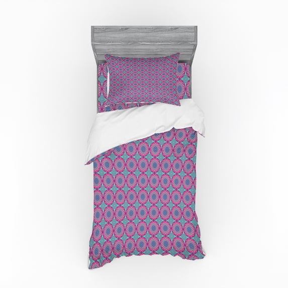 Flower Duvet Cover Set, Traditional Flower Design Colorful Blooming Geometric Petals Print, Bedding Set with Shams and Fitted Sheet, 3 Sizes, by Ambesonne
