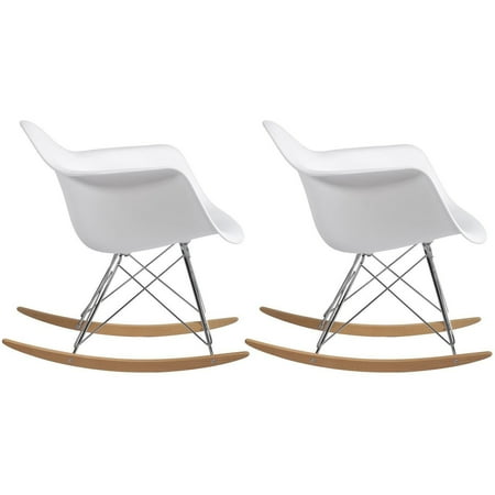 Armchair Rocker 2xhome - Set of 2 White - Molded Modern Plastic Armchair - Contemporary Accent Retro Rocker Chrome Steel Eiffel Base - Ash Wood Rockers - Rocking Style Lounge Cradle Arm Chair ()