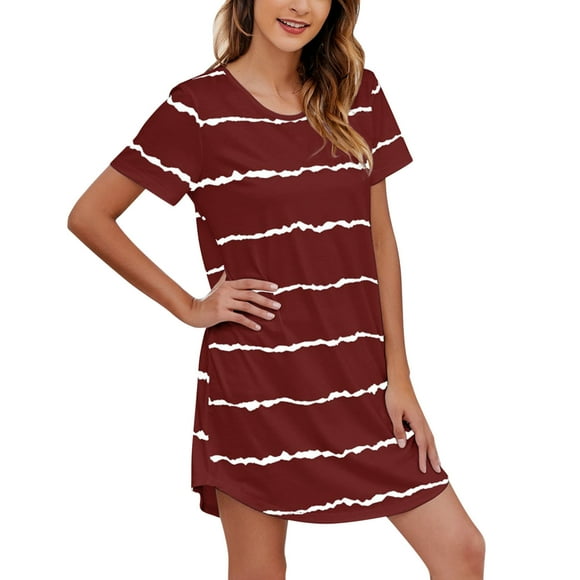 Kcodviy Womens Short Sleeve Striped Night Gown for Woman Printing Sleepshirt Scoopneck Cute Ladies Cotton Nightgowns Nightdress Comfy Nightgown Dress