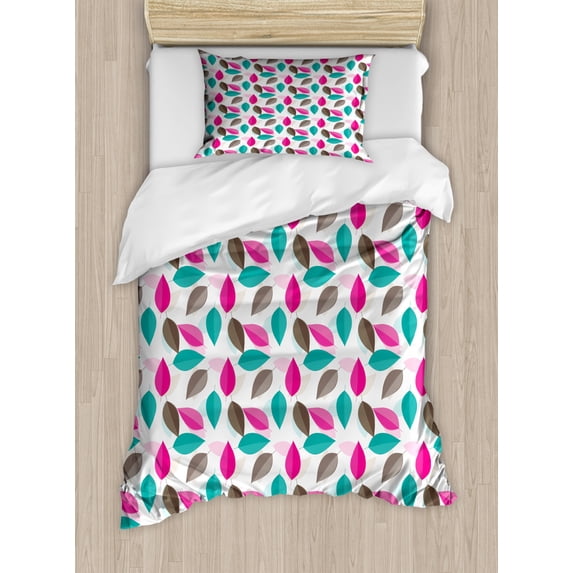 Leaves Duvet Cover Set Twin Size, Simplistic Foliage Design with Colorful Leaves Abstract Autumn Season Elements, Decorative 2 Piece Bedding Set with 1 Pillow Sham, Multicolor, by Ambesonne