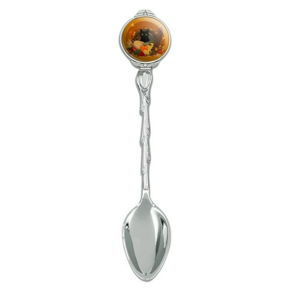 Thanksgiving Black Cat Hiding In Cornucopia with Pumpkins Novelty Collectible Demitasse Tea Coffee Spoon