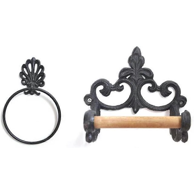 KAIYANG 2 piezas de soporte para papel higiénico con anillo de toalla vintage, juego de soporte para toallas, anillo de toalla de hierro fundido para baño, negro