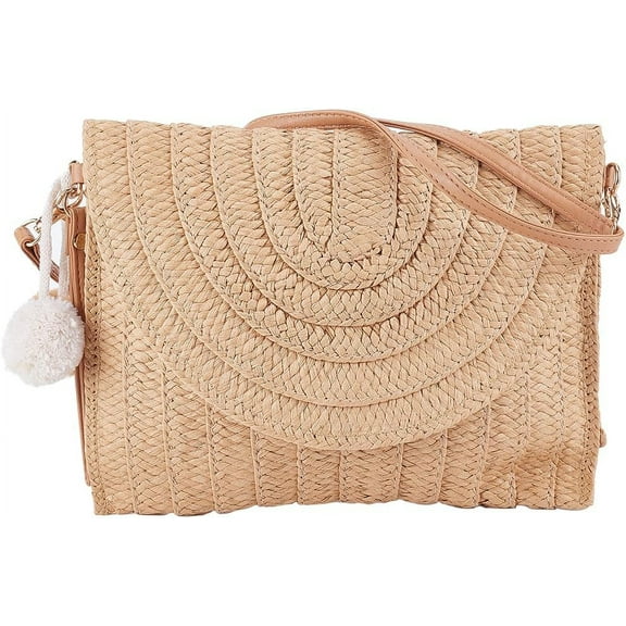 Straw Shoulder Bag Straw Bag Clutch Crossbody Woven Wicker Clutch Bag with Two Balls Woven Purse Summer Beach Envelope Clutch Straws Wallet Rattan Bag for Women Travel Holiday diy making