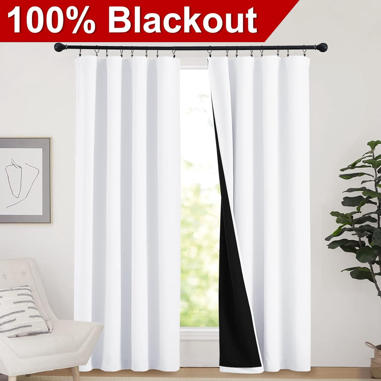 NICETOWN 100% Blackout Window Curtain Panels, Privacy Protection Noise Reducing Rod Pocket Drapes Black Lined Insulated Window Treatment Curtains, White, 52"x84", 2 Panels