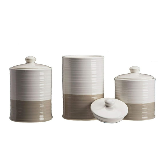 Set of 3 White and Taupe Unique Sealed Storage Canisters, 10"