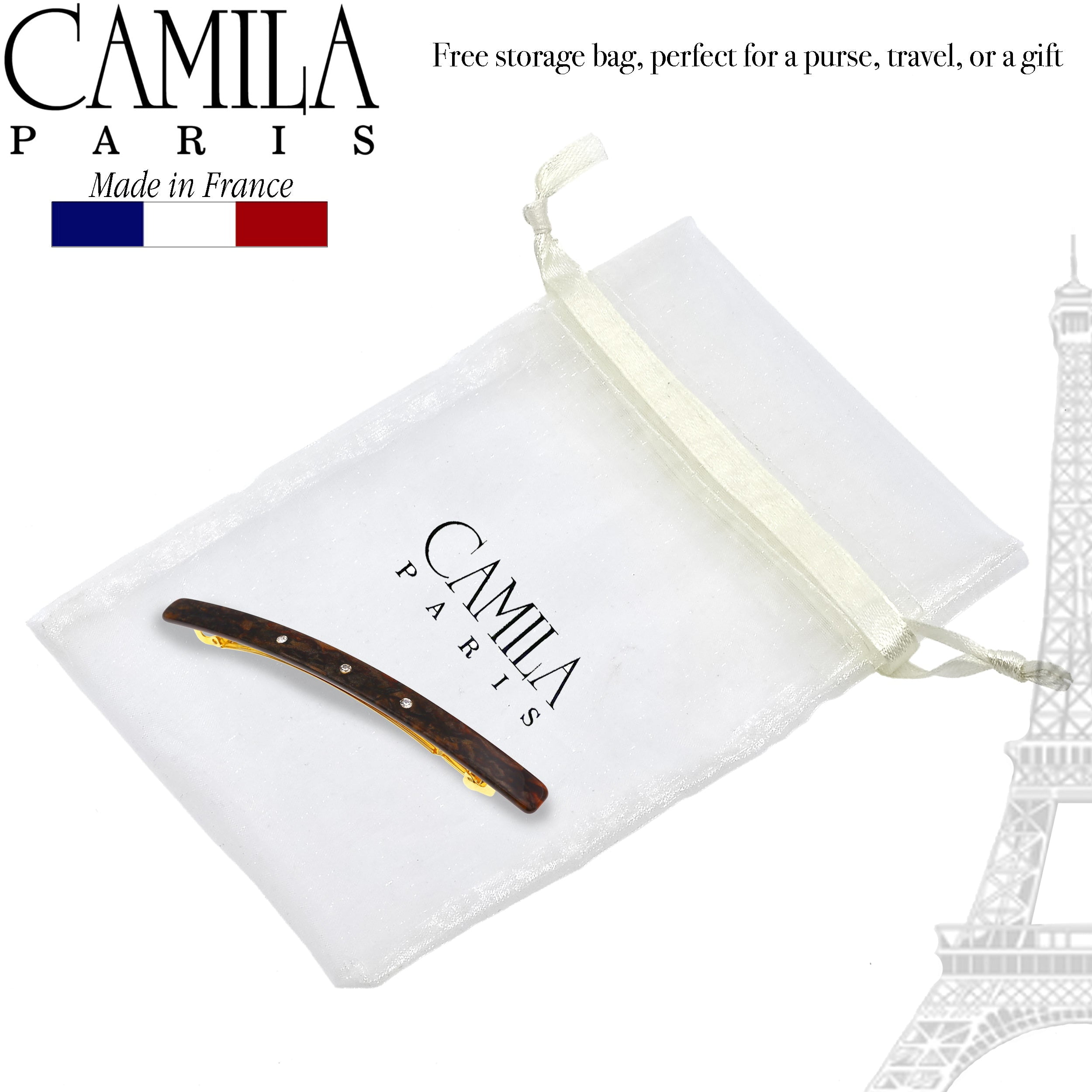 Camila Paris CP3252 French Hair Barrette Large Gray, Long Skinny Strong Hold Grip Hair Clips for Women, Thin Rubberized Automatic Clasp No Slip Durable Styling Girls Hair Accessories, Made in France