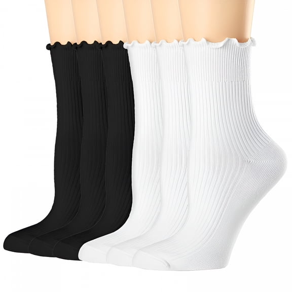 TELOLY Women'S Ruffle Socks,Casual Cute Ankle Socks,Breathable Double Knit Cotton,Soft Frilly Crew Socks for Women,6 Pack Pure Color,Size 5-9