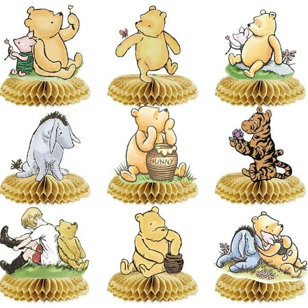 9pcs Winnie the Pooh Theme Cartoon style 3D Double Side Honeycomb Centerpieces Table Toppers, Birthday Party Decorations Supplies for kids.