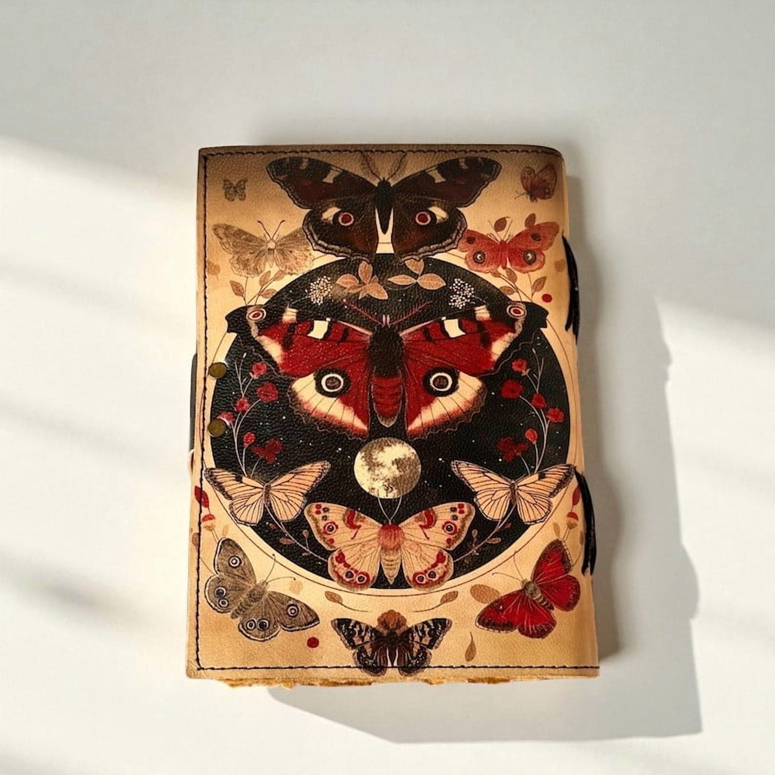 Butterfly Leather Grimoire - Vintage Butterfly Leather Journal – Handmade Paper – 5x7 Inch – 200 Pages