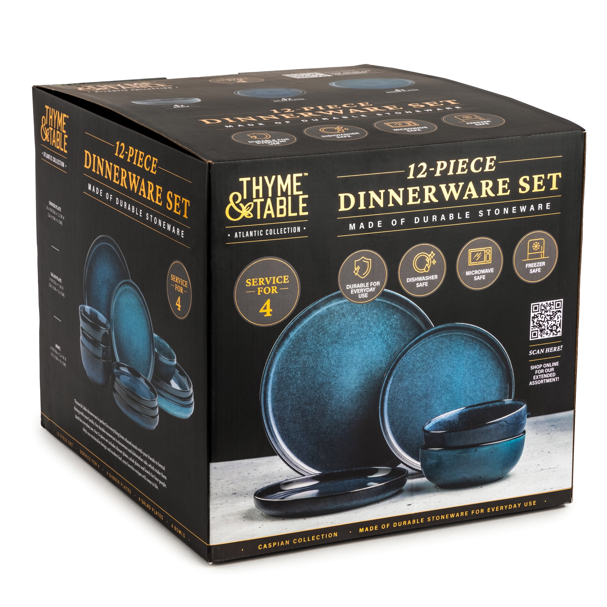 Thyme & Table 12-Piece Stoneware Dinnerware Set, Atlantic Blue Collection