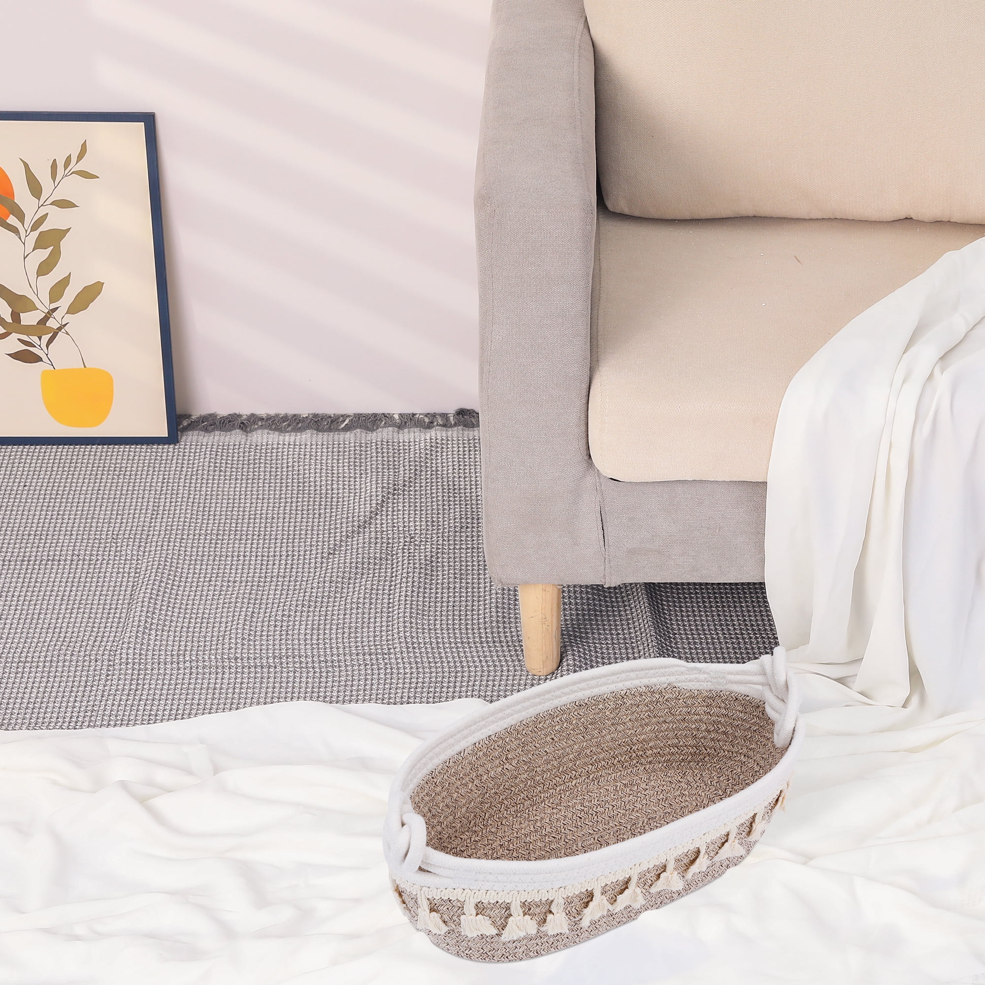 Unique Bargains Woven Storage Basket Solid Shelf Storage Bin Light Brown 13.4*6.3*4.7in