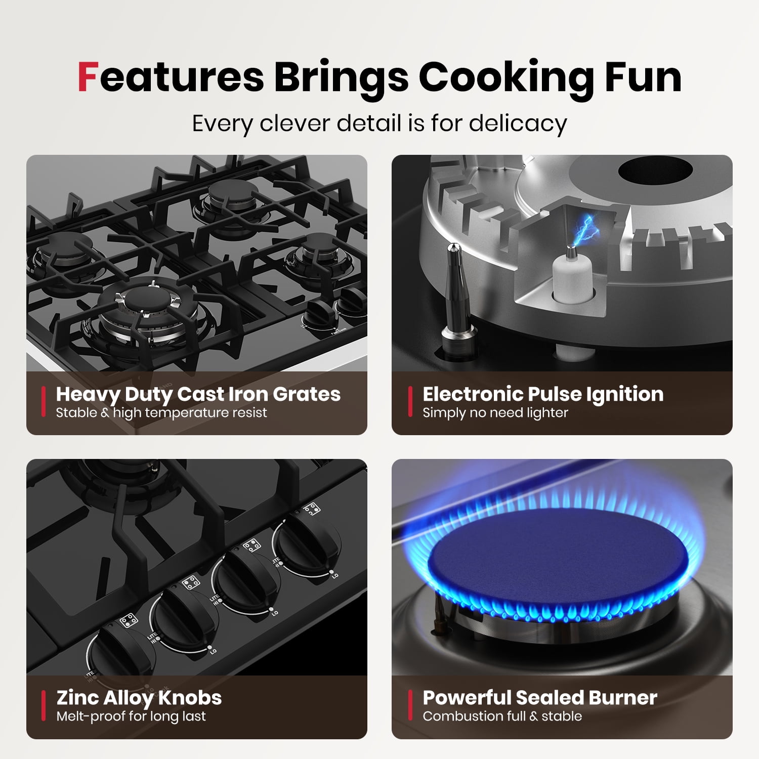 GASLAND GH60EF 24" Built-in Gas Stove Top, Black Ename Gas Cooktop with Griddle, 4 Sealed Burners, ETL